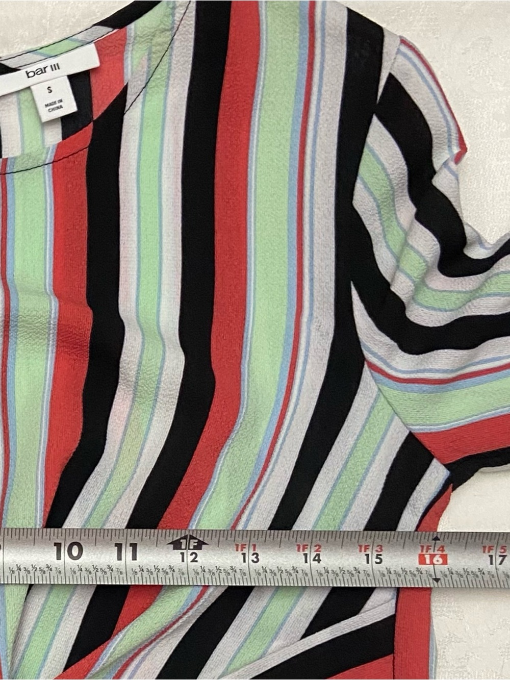 Bar III Striped Twist-Front Blouse - Black, Red & Mint Green Bell Sleeve - Picture 6 of 8